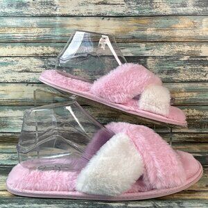 Jessica Simpson Slide Slippers Womens Size L 8/9 Pink White Soft Faux Rabbit Fur